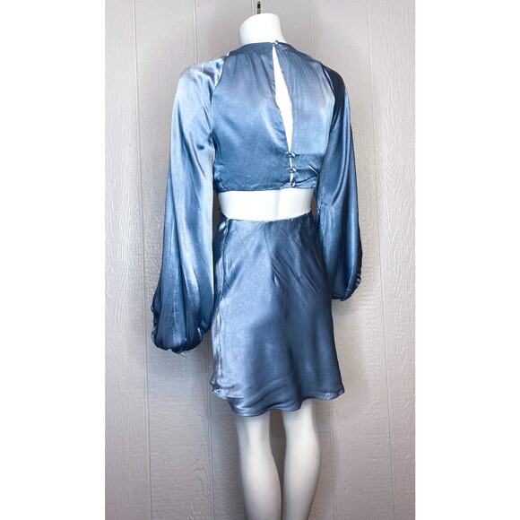 SHONA JOY La Lune Twist Front Cut Out Mini Dress Blue Silk Dress US 0 - Picture 7 of 10